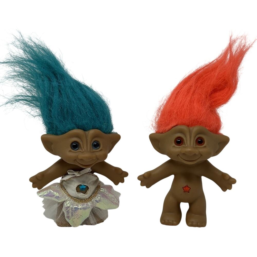 Vintage 4” Gem Bellies Troll Dolls Russ - Orange & Blue Hair